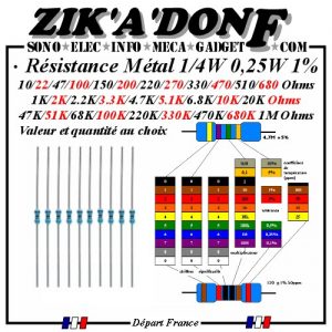 Résistance couche Métal 1/4W 0,25W 1% quantité et valeur au choix 10 à 1M OHMS